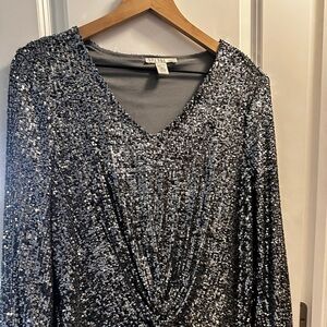 Spense Petite Sequin Twist-Front Top PM Black Silver Sparkly Blouse